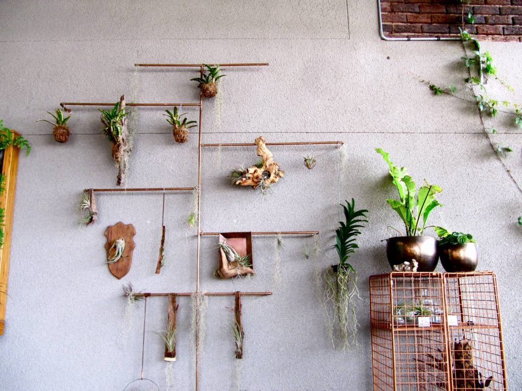 copper pipe plant display living room design